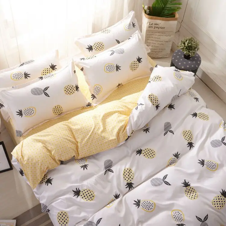 Fruits Print Pineapple Pattern Bed Sheet Set for Bedroom, Wholesale Hotel Quilt Soft Bedding Set/