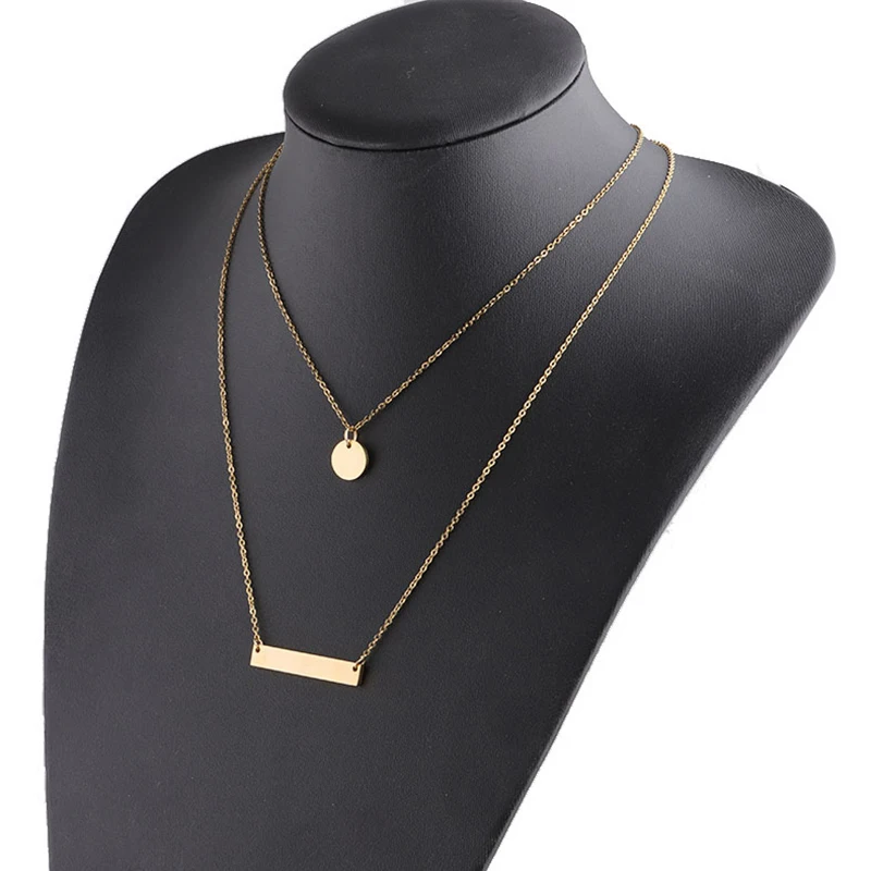 2021 Fashion Jewelry Double Layer Gold Personalized Stainless Steel Blank Bar Disc Charm Necklace