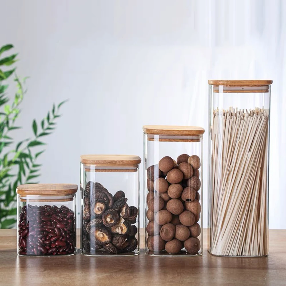 High Borosilicate Square Glass Spice Jar Bamboo Lid Kitchen Glass Container Spaghetti Beans Nuts Storage Food Use Custom Logo