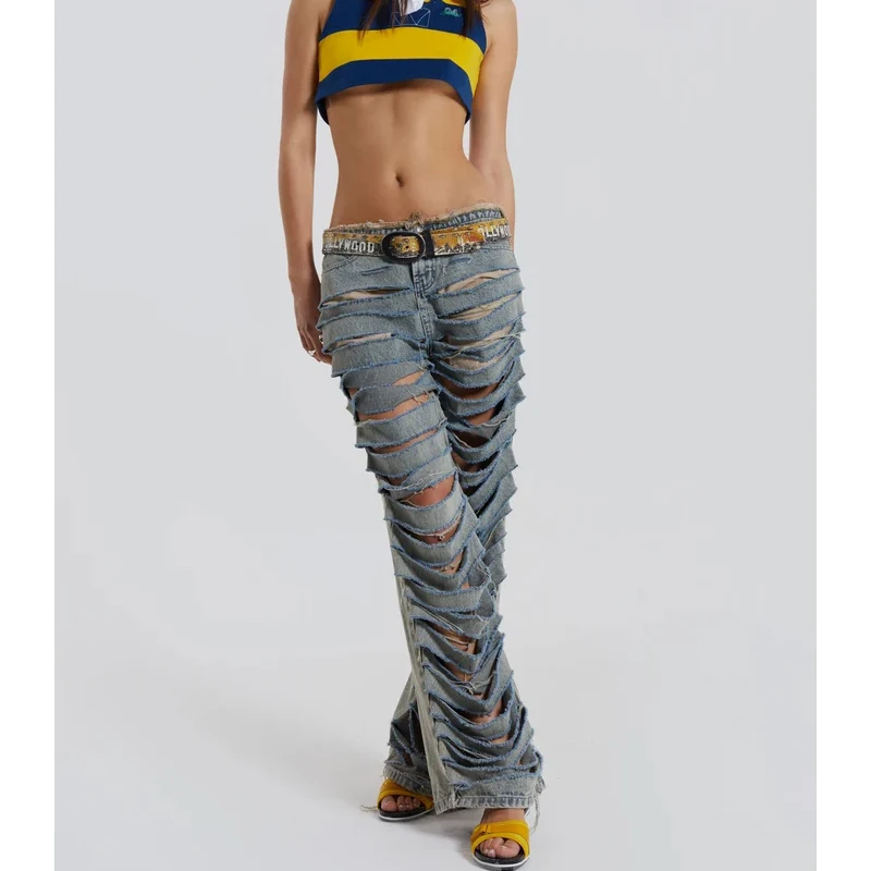 OEM Latest Designer Slashed Straight Boyfriend Pants Ripped Low Rise Extremely Shredded Trousers Denim Jeans For Girls