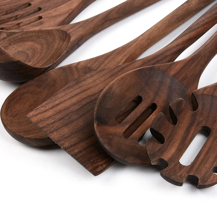 black walnut Wooden Spoons Utensils For Cooking Set With Spoon Rest Comfort Grip 6pces a set