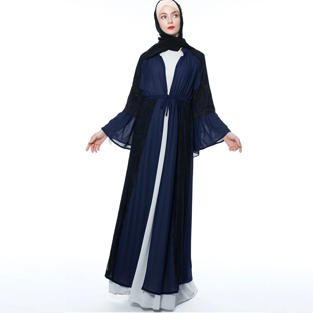 Muslim flared sleeve ethnic style long-sleeved cardigan hit color open abaya 9701