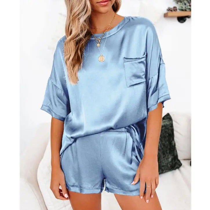 2021 Hot Selling Silk Satin Pajamas Set Casual Homewear Short Set for Women Lounge Wear Pajamas