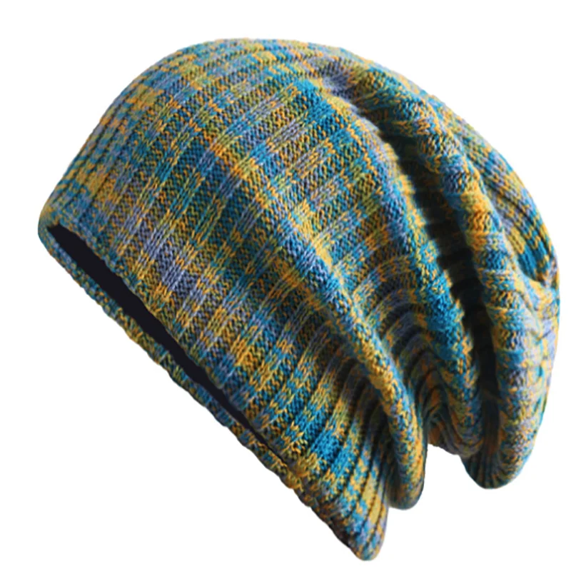 European And American Autumn And Winter Pile Hat Mixed Color Knitted Wool Hat Double Layer Fleece Warm Pullover Hat Couple Model