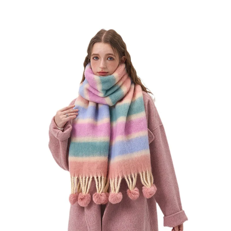 winter pashmina scarf with pompom plaid cashmere hand feeling fashion good quality thick keep warm scarf for woman