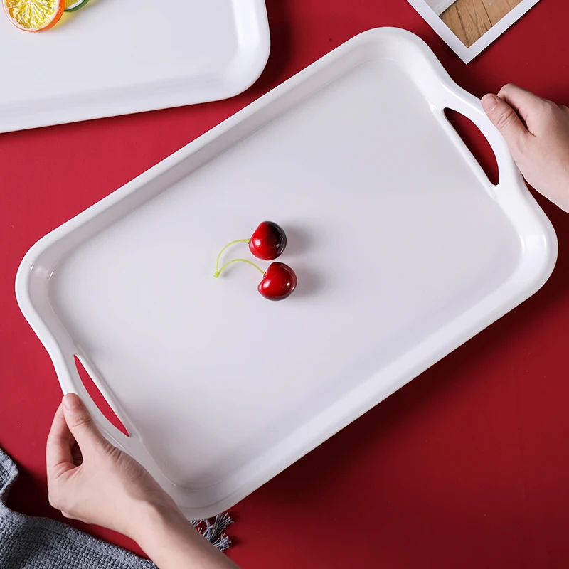 
Rectangular white melamine desert tray wholesale custom plastic food serving tray with handles 