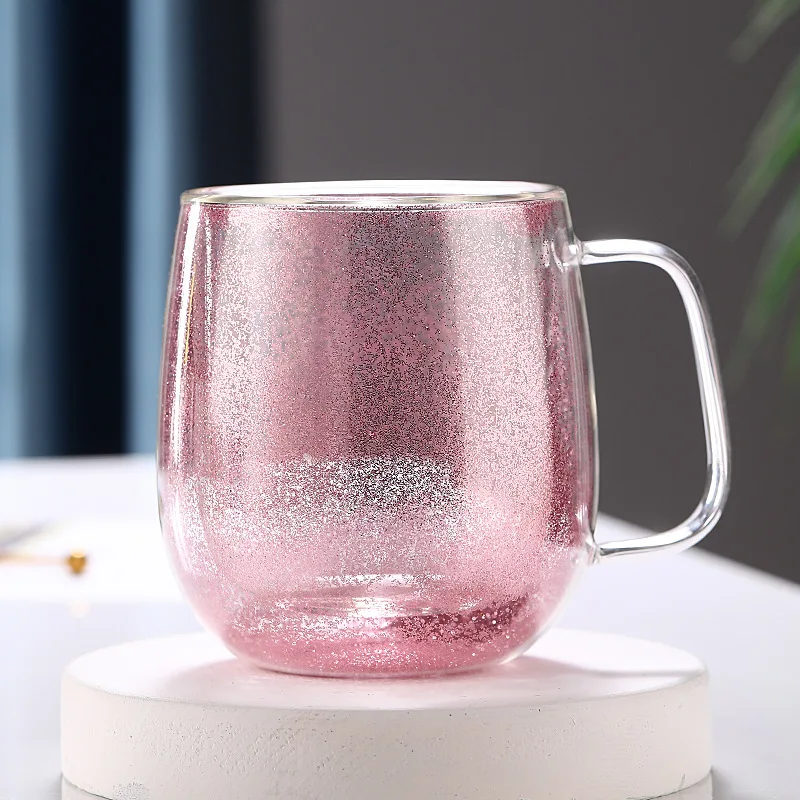 Wholesale Colorful Liquid Sand Double-Layer Glass Cup with Drilled Crystal Art, Sand-Filled Coffee Cup