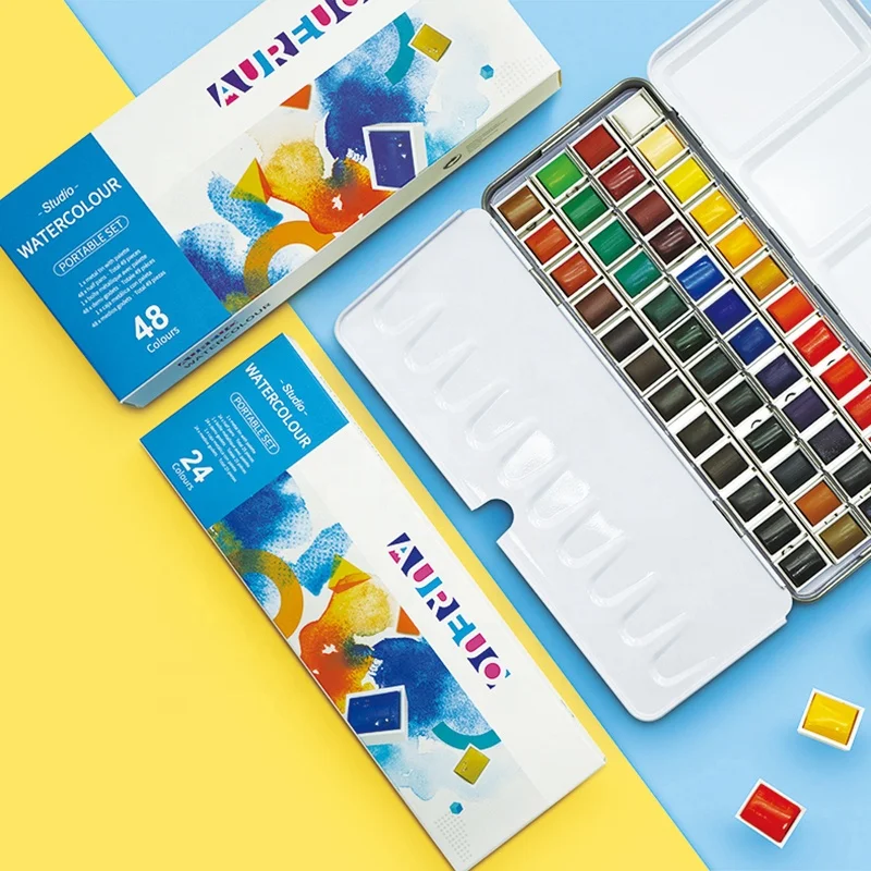 AUREUO Good Brands Safe 24 Color Washable Portable Watercolour Set Solid Watercolor Paints