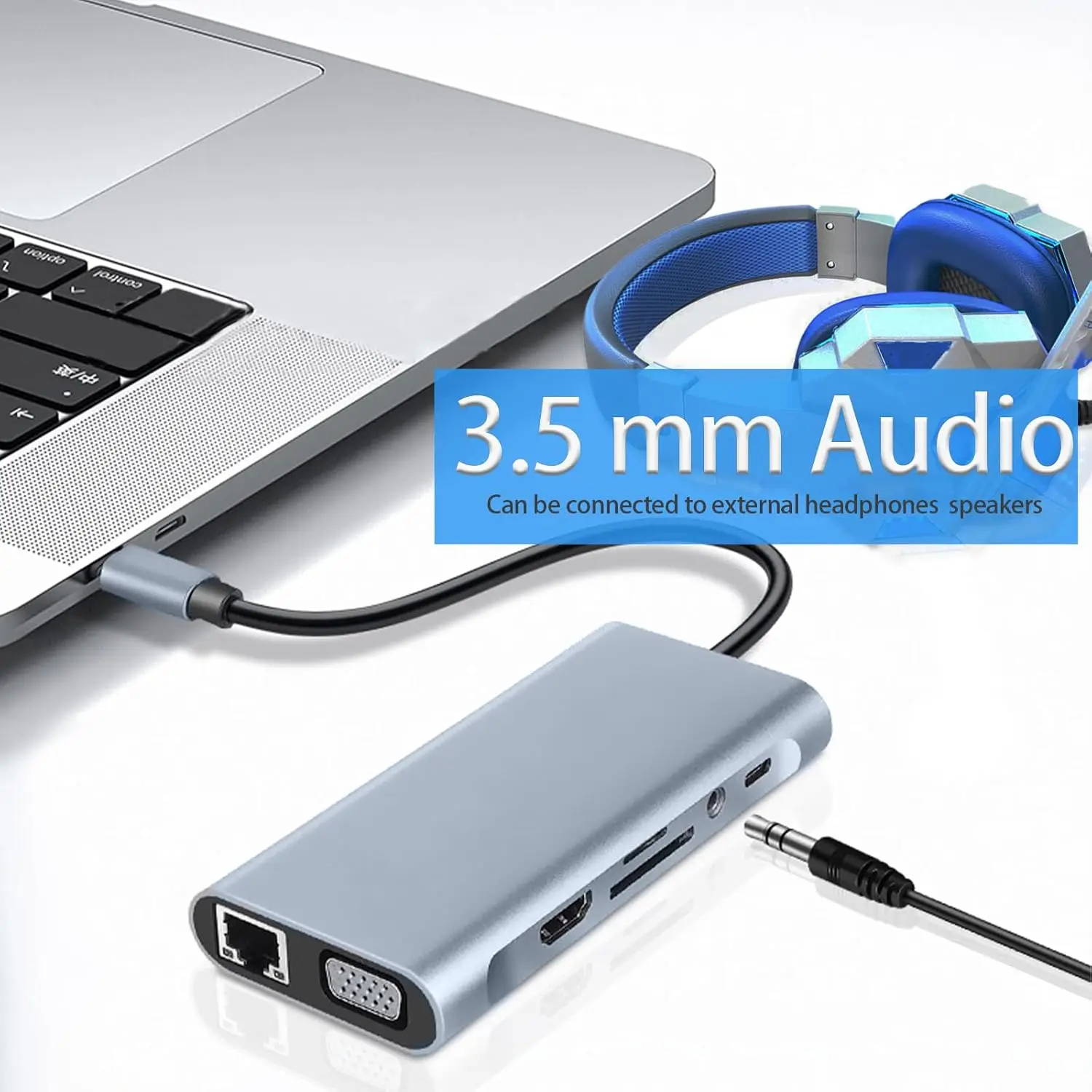 USB C HUB Multiport Adapter Laptop Docking Station 11 in 1 with 4K HDMI VGA Type-C USB3.0 RJ45 SD/TF Card Reader 3.5mm AUX