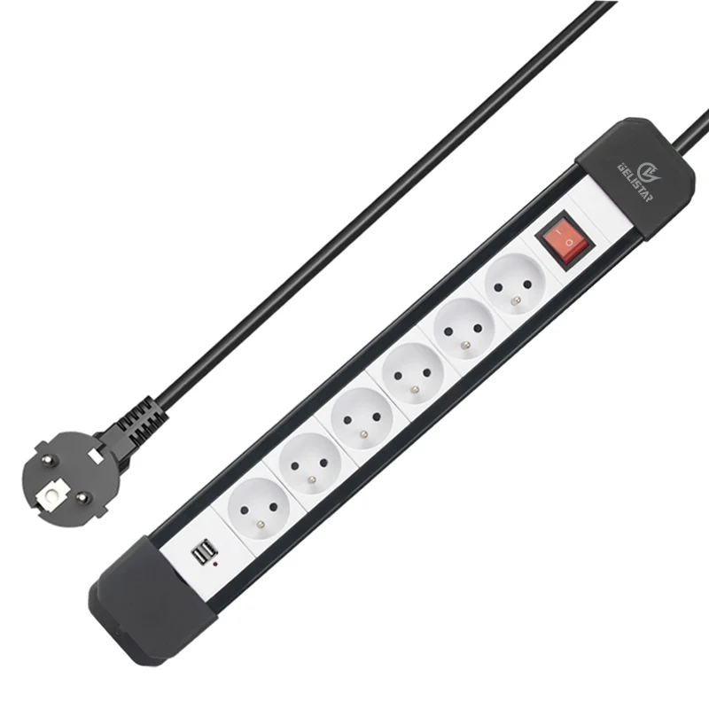Manufacturers 6 outlet way multi plug and switch power strip household 1.5m cable extension socket with 2 usb charging port