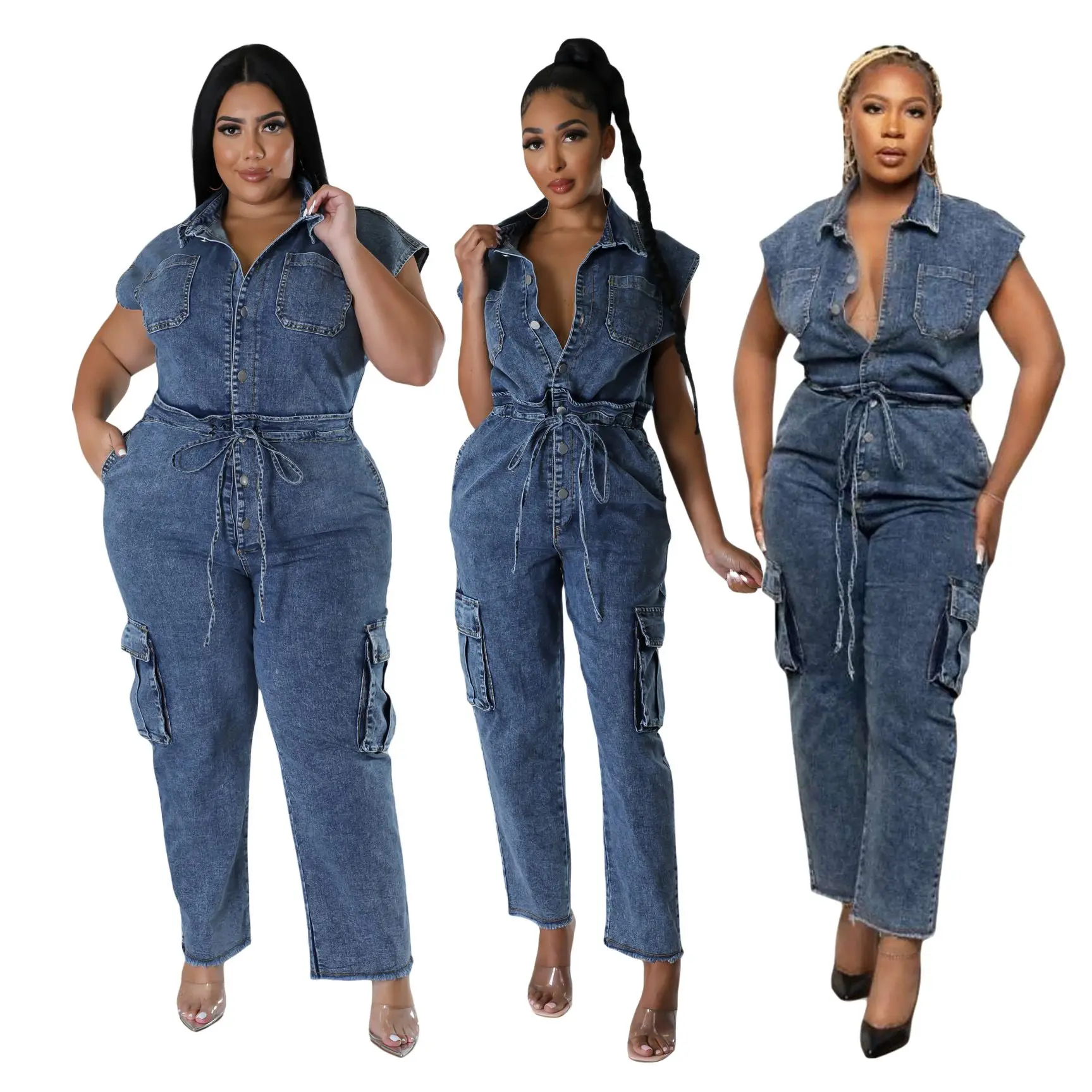 Trend Women Clothes Sexy Fashion Slim Short Sleeve Denim Jumpsuit