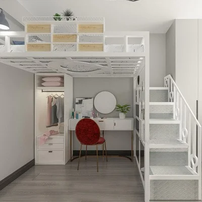 New Design Double Queen Size Heavy Duty Steel Metal Home Hotel Hostel Use Bed Adult With Wood Stair Bunk Bed