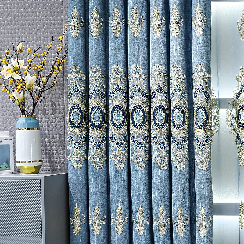 Fabric Curtains Designs Luxury European Elegant embroidered Curtains Living Room With Attached Valance