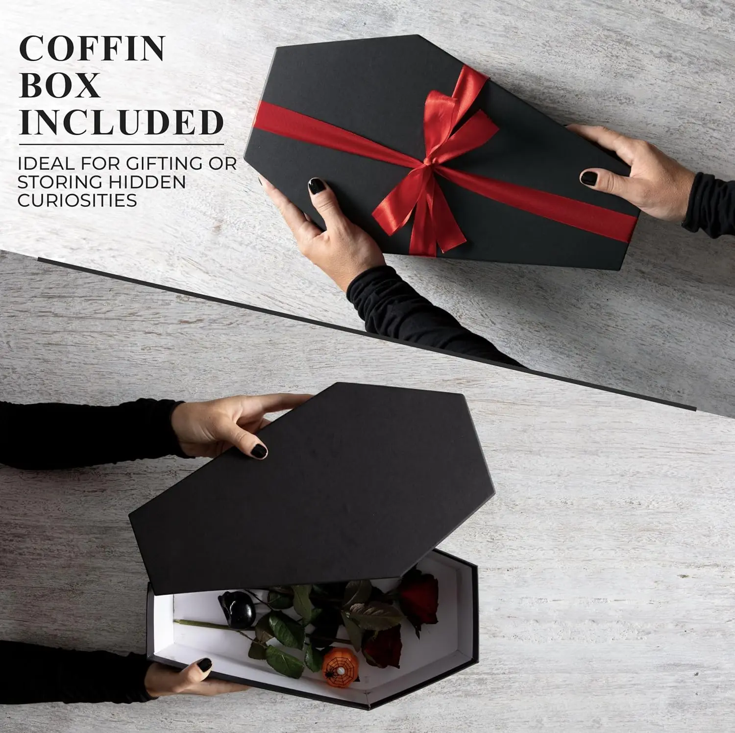 Coffin Holder with Coffin Gift Box and Ghost Accessory Set - Ghost Coffin Decoration 35.56 x 17.88 cm - Black