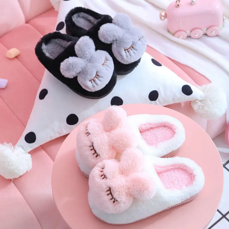 Wholesale Fashion Cute Animal Style Rabbit Fluffy Warm Unisex Anti Slip Soft Kids Slippers For Winter Indoor House Home