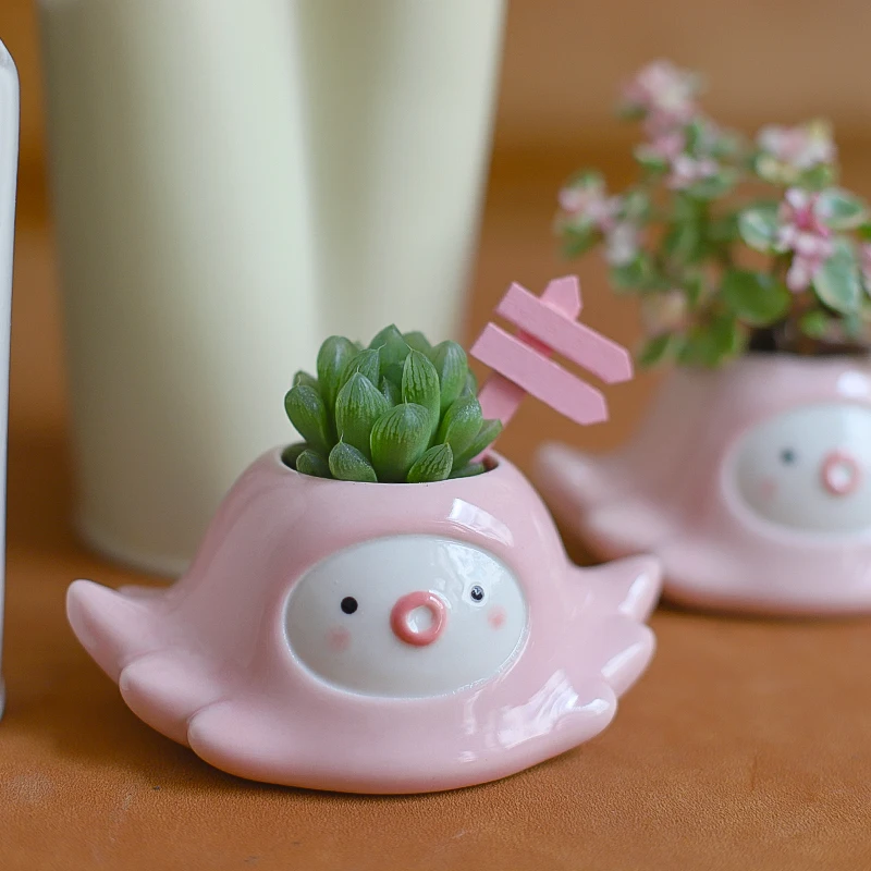 Cute Mini Home Garden Octopus Animal Shape Flower Pot Ceramic Succulent Planter Pink Plant Pots with Drain Hole
