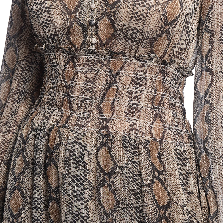 
Urban exotic resort summer dress women v neck bodycon dresses boho shell-polyester georgette snakeskin print 