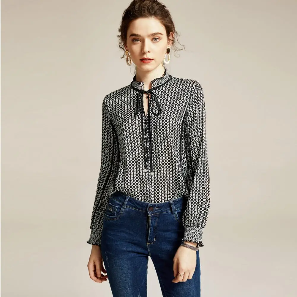 2020 Vintage Pure Silk Bow Collar Long Sleeve Print Shirt Casual Office Blouse For Ladies