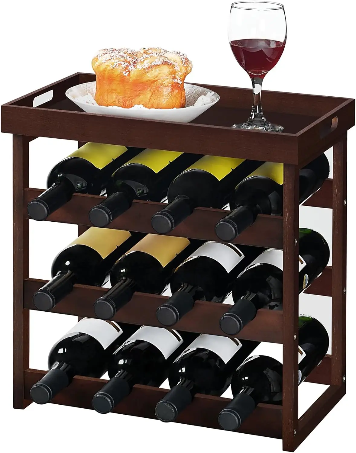 3 Tiers 12-Bottle Wine Storage Cabinet Shelf with Detachable Tray Bamboo Wine Rack For Countertop