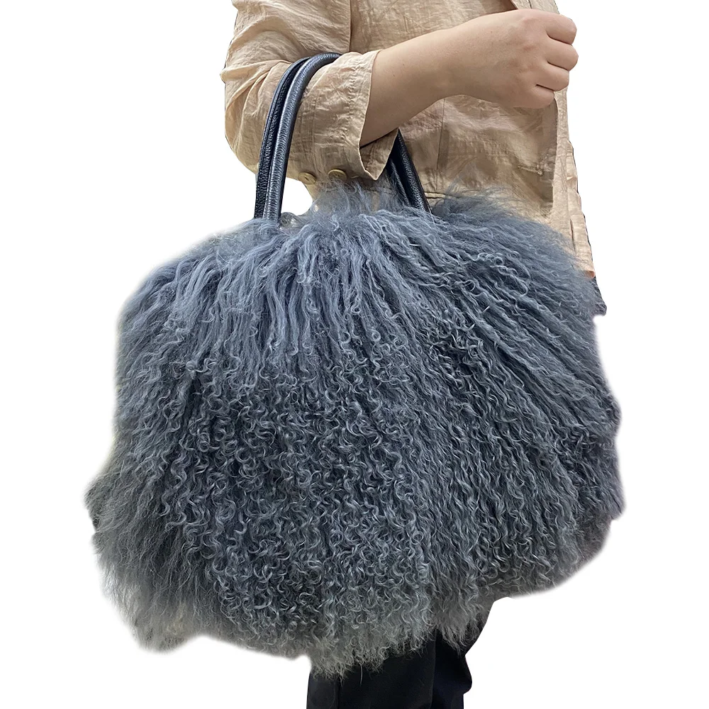 MWfur Mongolian Lamb Handbag Korean Style Fashion Curly Long Hair Furry Tote Bag Lamb Fur Bags for Women