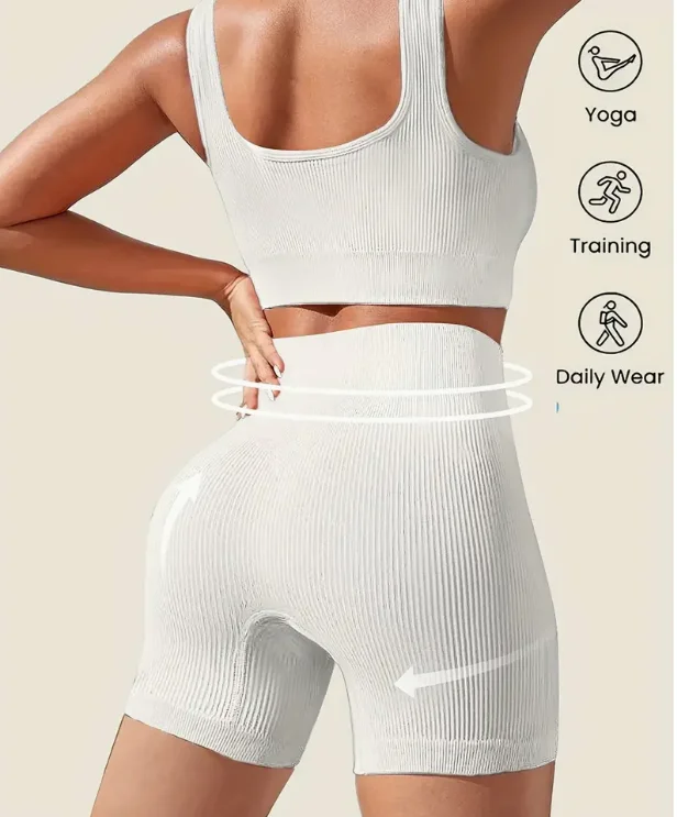 Quick drying round neck crop top solid color rib knit sports set butt high lifting slimming short sporty suit women activewear