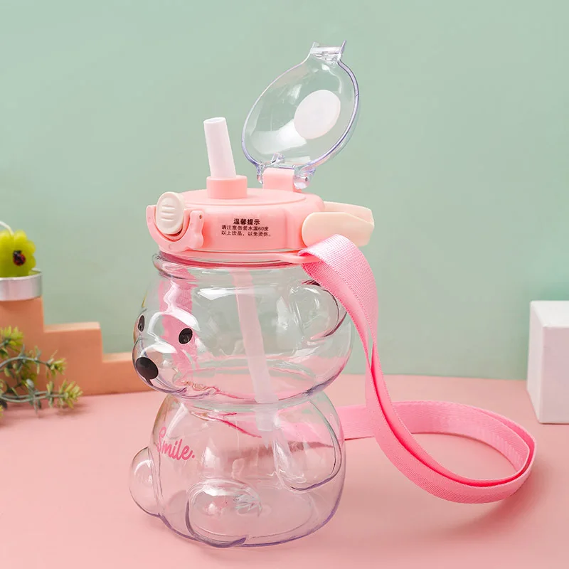 1l Large Capacity Plastic Bear Water Bottle With Straw Strap For Children Portable Water Kettle For Girl