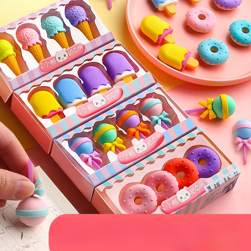 Cute Eraser Wholesale Creative Eraser Set Stationery Lollipop Sweet Shape Ice Cream Small Prize Rubber Gift Box