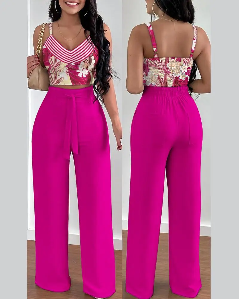King Mcgreen Star Elegant Women Pants Set Sexy Off-shoulder Strap Flowers Summer Tank Top Straight Trousers 2-piece Suit