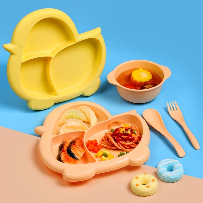 Cute Baby Plastic Cutlery Dinner Set Plate Bowl Spoon Fork Reusable Tableware For Children Dinnerware Set Luxury