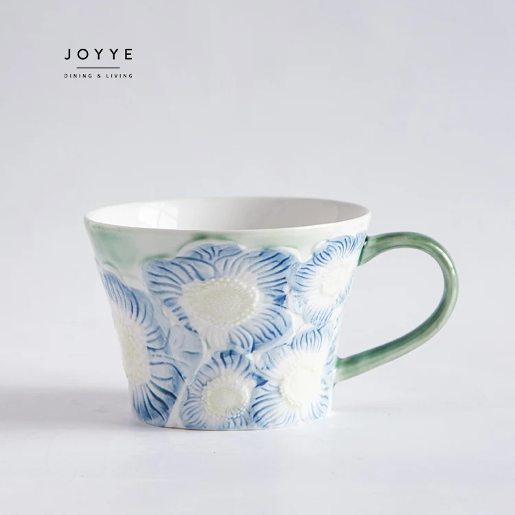 Joyye Hand Painted Embossed Flower Pattern Cup Set Custom Ceramic Stoneware Mike Coffee Mugs for Free Sample