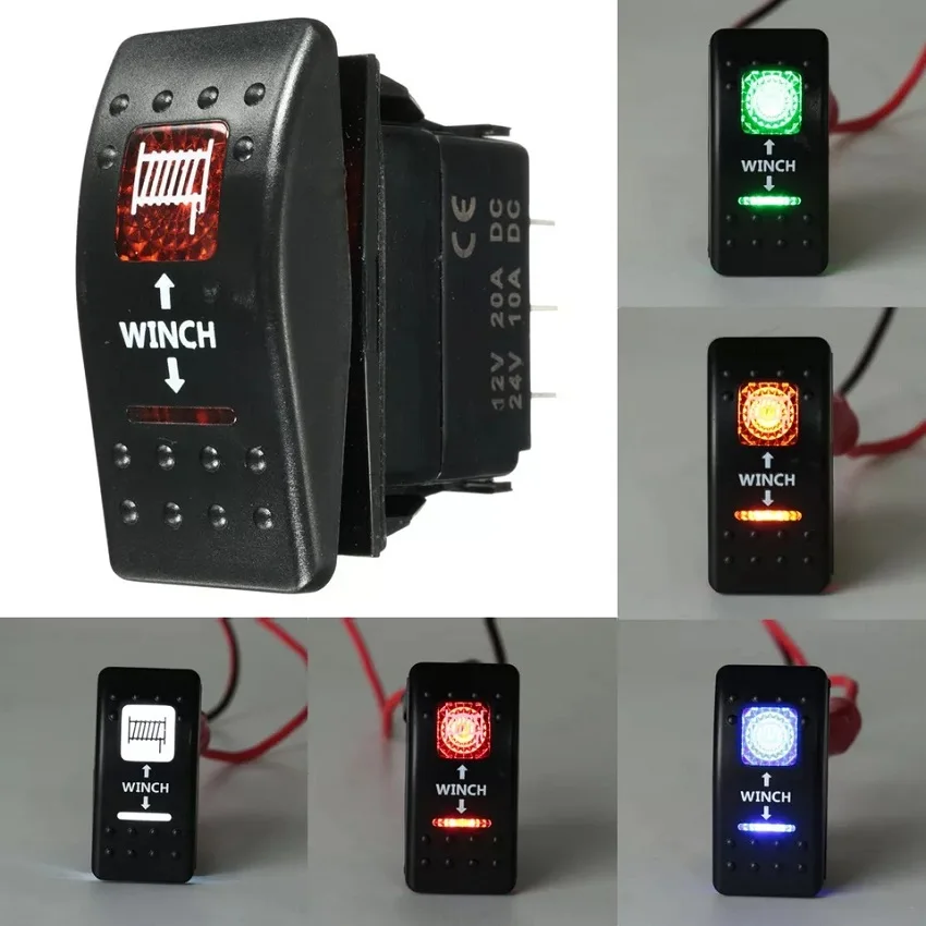 12 volt 20a dc & 24v 10a 7 pin winch in winch out on-off-on rocker switch dual led light blue red for car/bus/marine