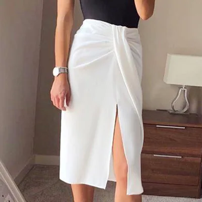 Fall Elegant High Waist Pleated Pencil Skirts Midi Gothic White Ruched Wrap Skirt European Office Lady Women Skirt