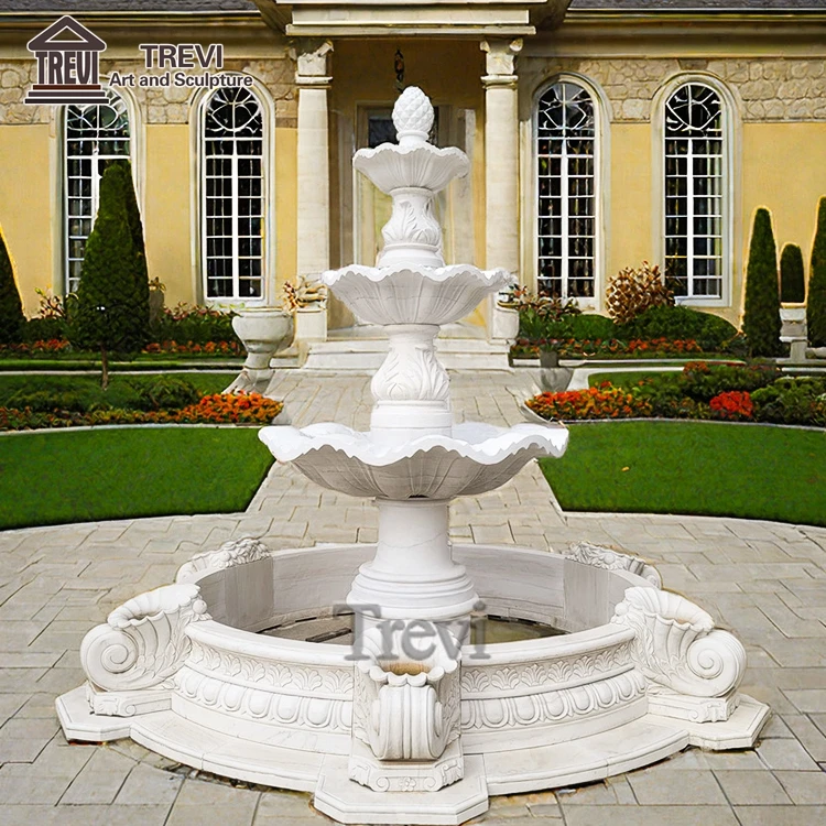 Yard Simple Carved Marble Tiered Basin Fountain with Circular Pond