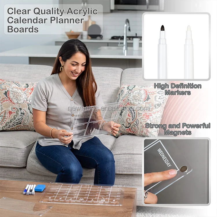 Set of 3 Planning Dry Erase Board Clear White Month and Week Planner Acrylic Magnetic Memo Calendar for Fridge