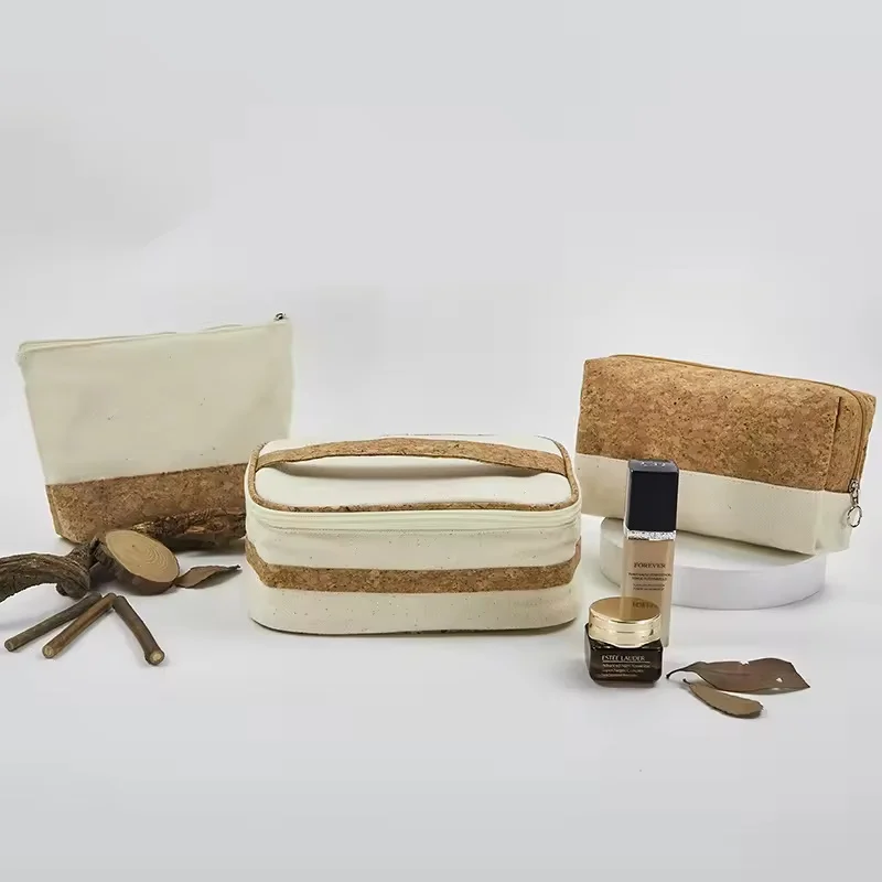 Primary Color Wood Grain Pattern Canvas Travel Toiletries Storage Bag Set Eco-friendly Cork Cosmetic Bag