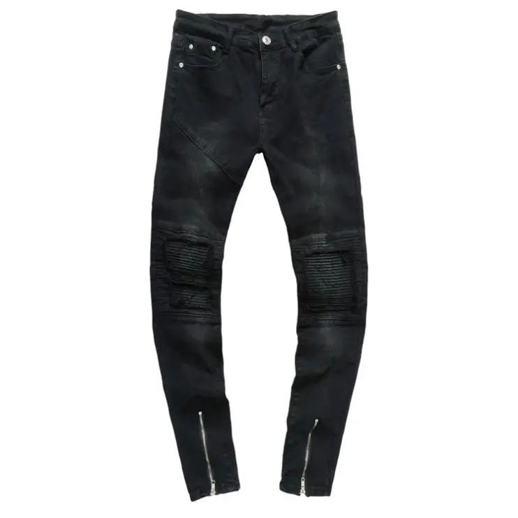 Low Price Mens Skinny Jeans with Zipper Wrinkle Design Jeans Denim Fabric Slim Straight Black Casual 4 Seasons Dark Wash 2pieces