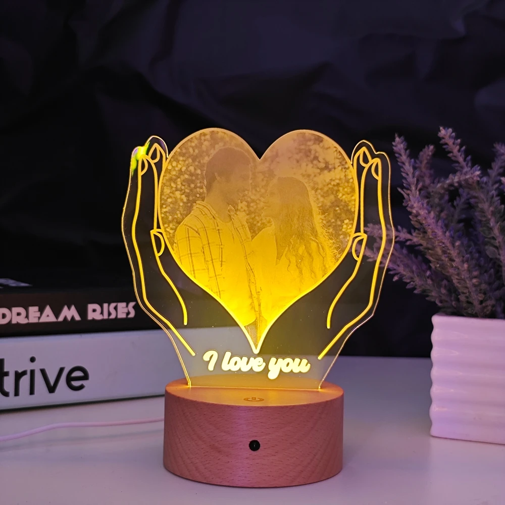 Оптовая продажа акриловая светодиодная 3d лампа с круглым основанием сенсорная Ночная круглая деревянная основа