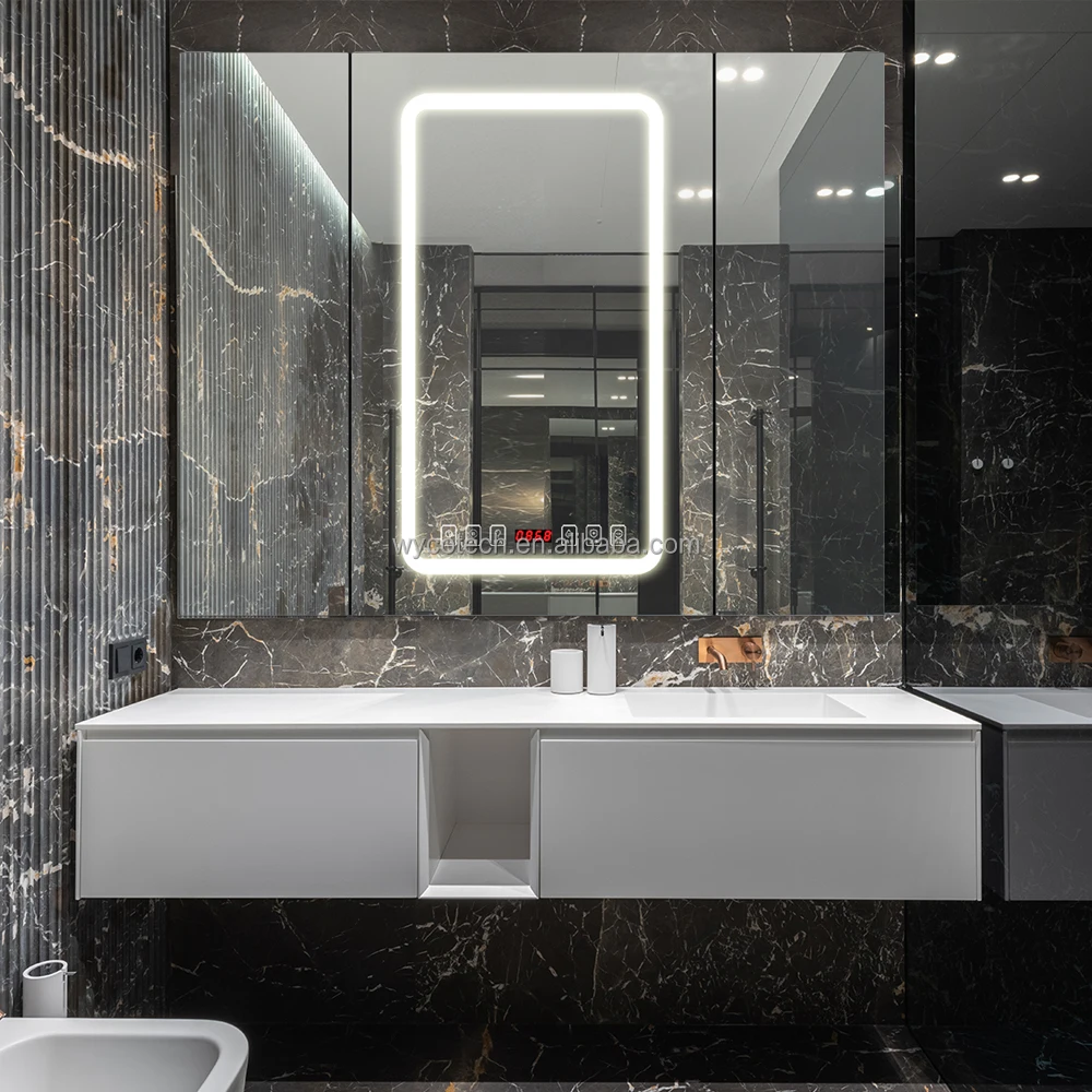 Towel Dry and Disinfection Function Wall Mounted Smart Mirror Cabinet w/h Light Defogging Bathroom Mirror Storage Box Cabinet