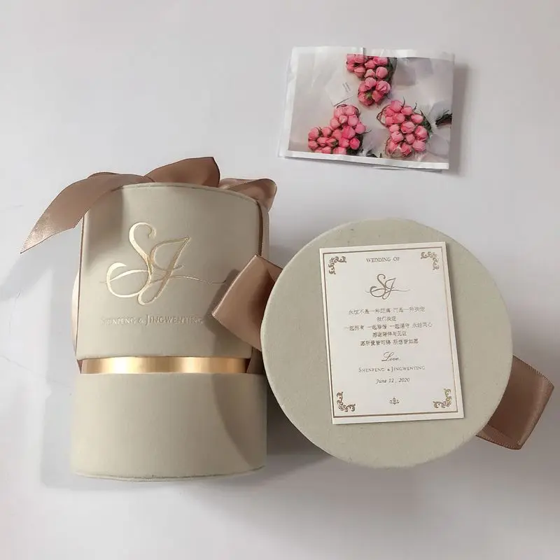 
Factory custom velvet flower box wedding favour boxes round cylinder packaging box tube hard material 
