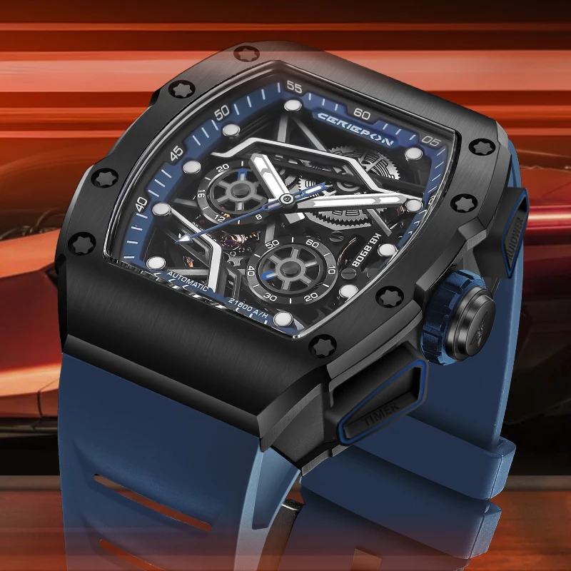 OEM Stainless Steel FKM Fluororubber Waterproof Outdoor Automatic See Through Chronograph Watch