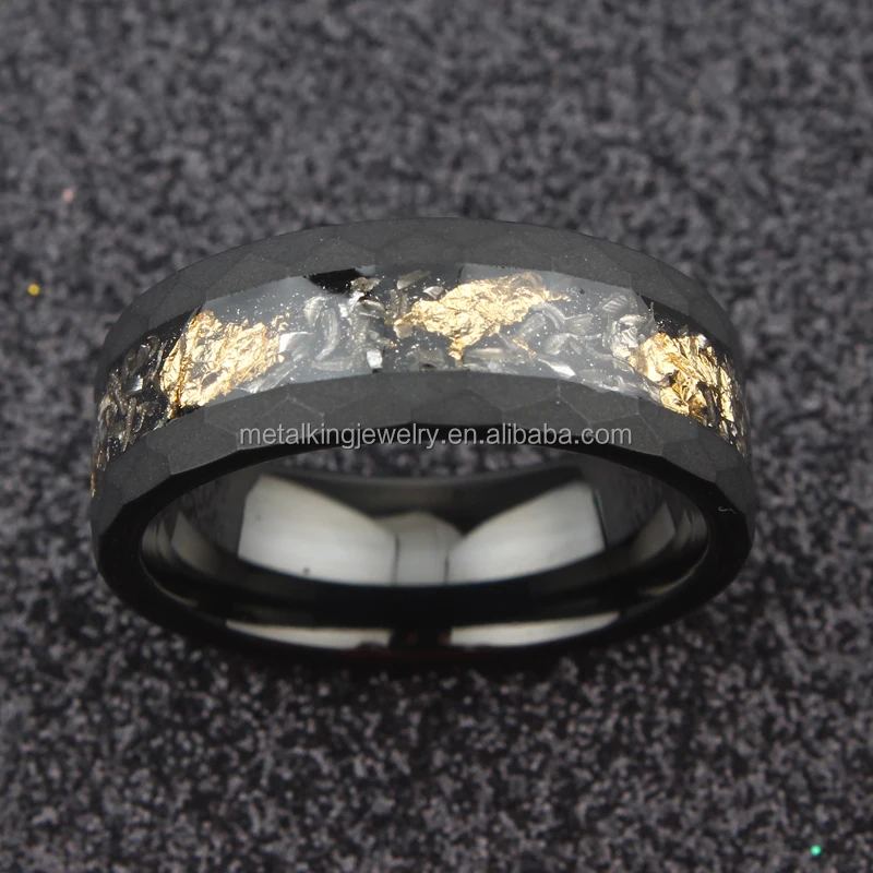 Meteorite and Gold Leaf  Ring, Black Sandblasted Hammered Tungsten Ring, Wedding Band for Men