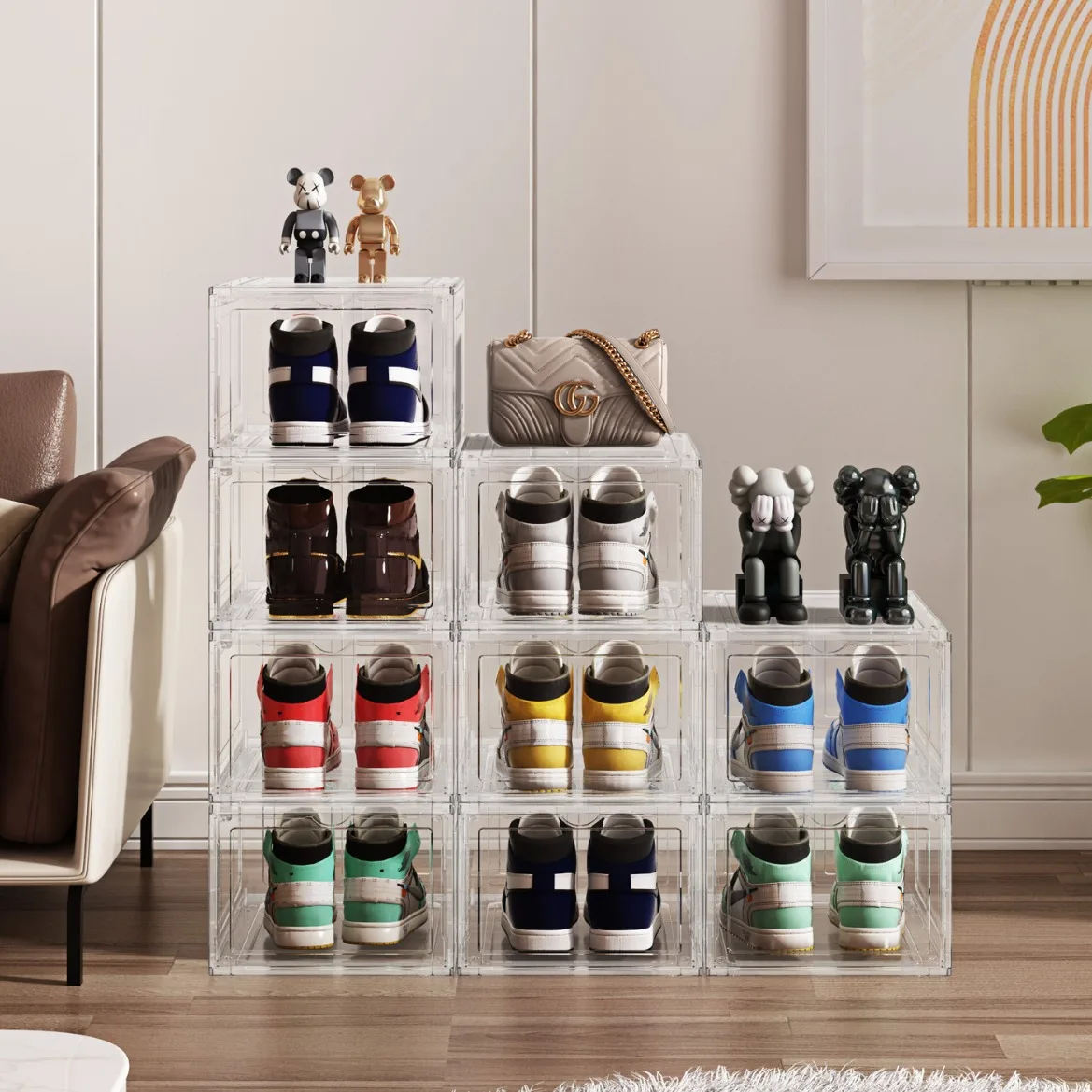 Shoe storage foldable sneaker box plastic case storage box shoe box storage with led