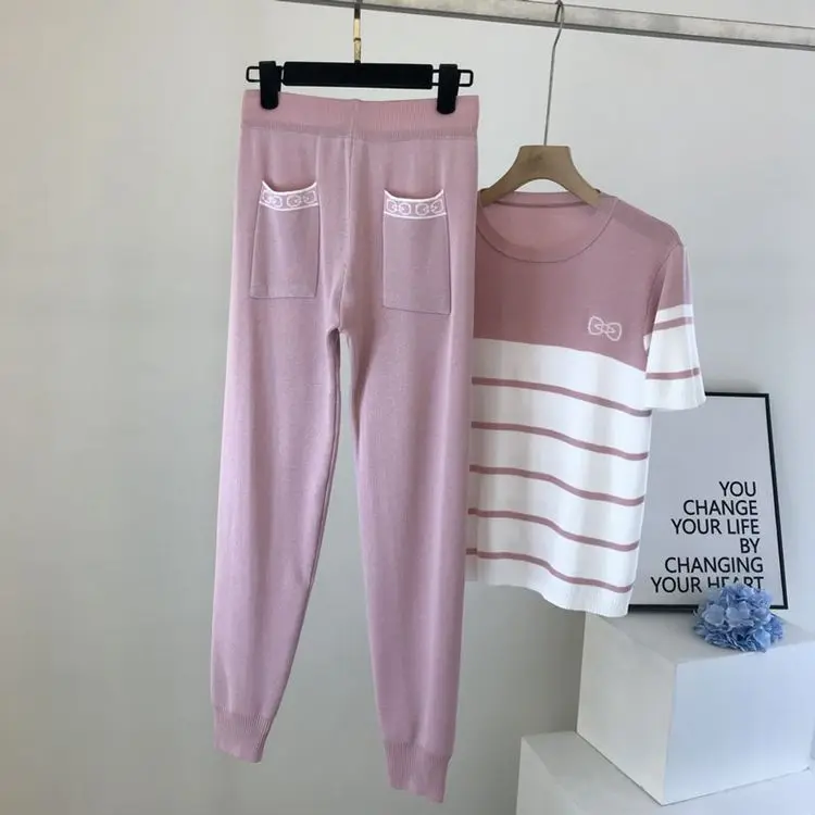 Soiling Hot sales color blocking casual street wear o neck short sleeve knit blouse women 2 piece pants set