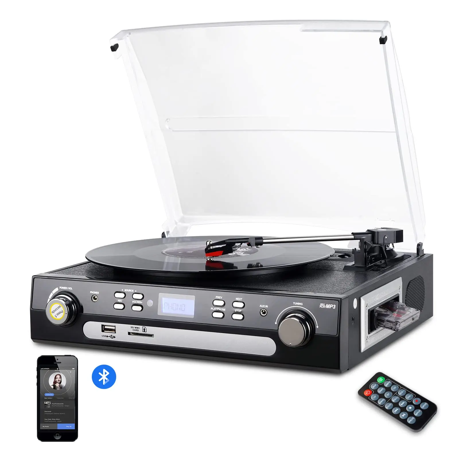 Turntable Vinyl Recorder  Player/Converter with Pitch Control,Tone Control/PC Encoding/Recording, Aux in/Built-in stereo speaker