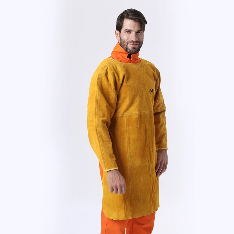 AP-6200 hot sale golden cowhide welding apron and fire resistant work apron in leather clothing for safety wear