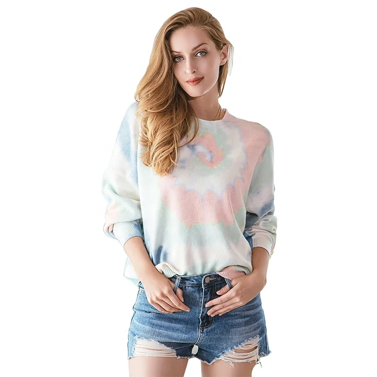 
Hot Selling Knitted Sweater Long Sleeve Smudge Tie Dye Sweater Women Pullover Computer Knitted Custom OEM ODM Casual Breathable 