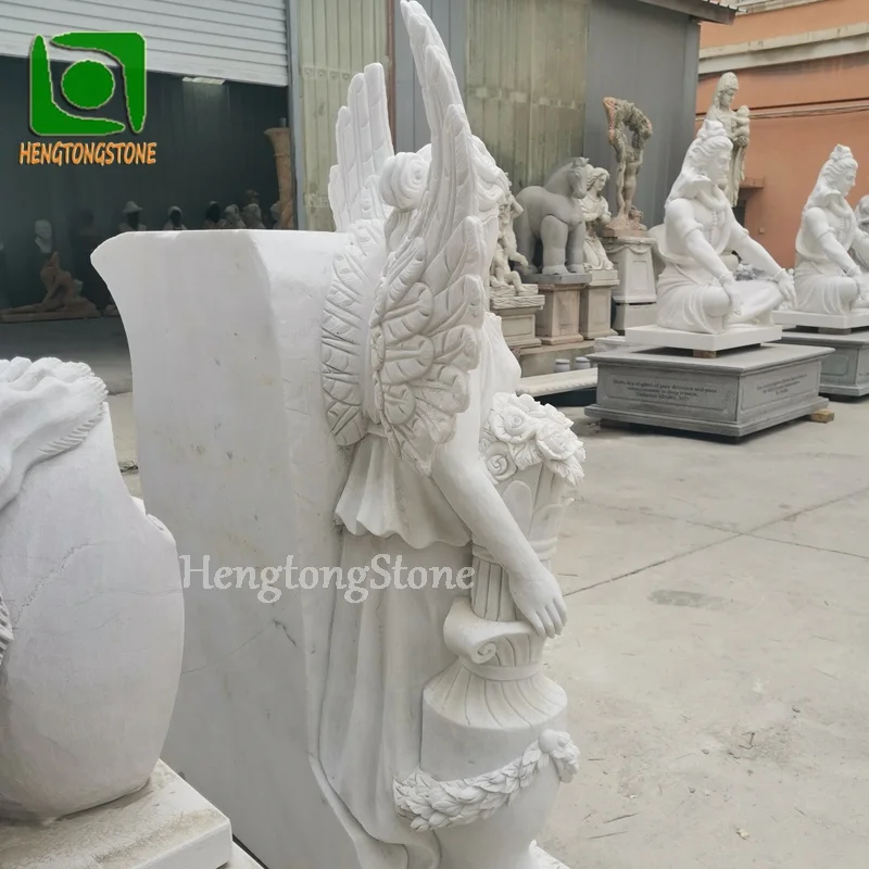 Cemetery White Marble Opening Wings Angel Tombstone Headstone