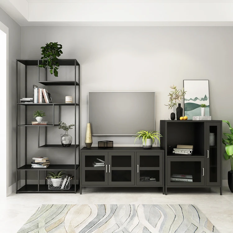 Customized Modern office home bookshelf simple shelf floor free combination metal frame glass bookcase factory supply