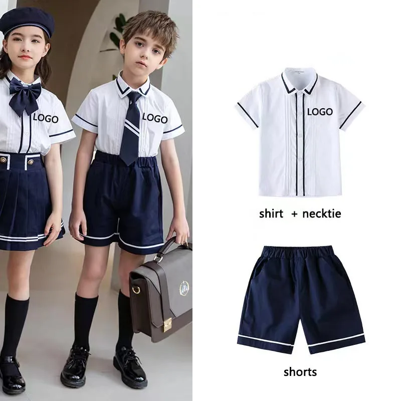 OEM Embroidered logo International Formal Primary School Uniforms Children Short Sleeve Boys Girls Kids School Uniform Sets