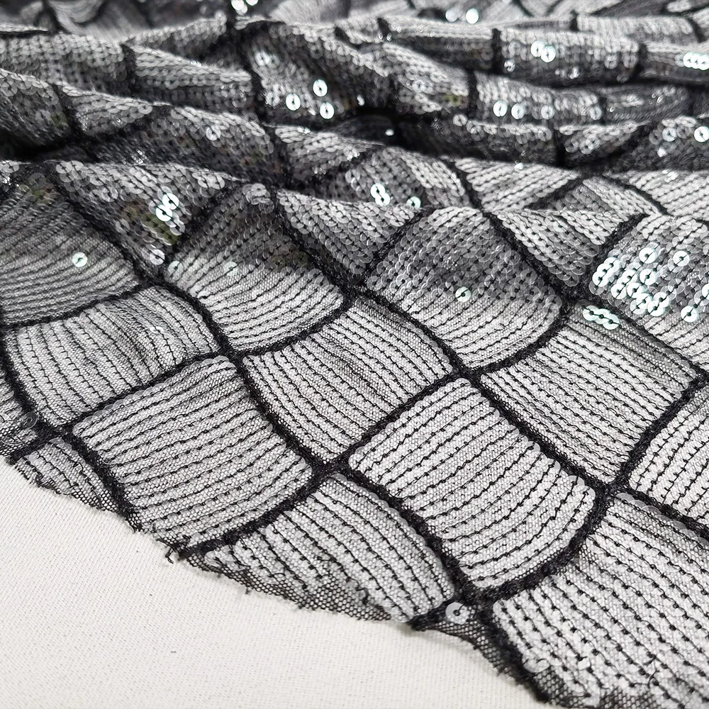 Silver Black Sequin Tube on Tulle Geometric Embroidered Lace for Disco Dress